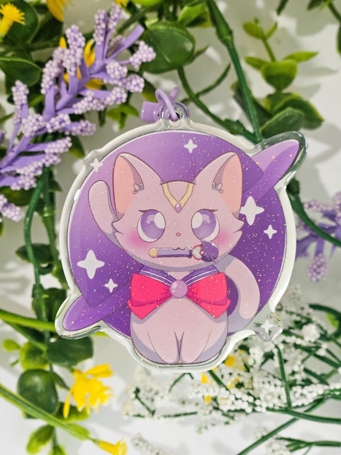 Pretty Saturn Cat Glitter Keychain